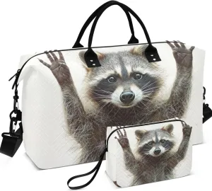 Funny Raccoon Duffel Bag Womens Makeup Pouch Set of 2, Flower Womens Luggage Set Carry on Duffle