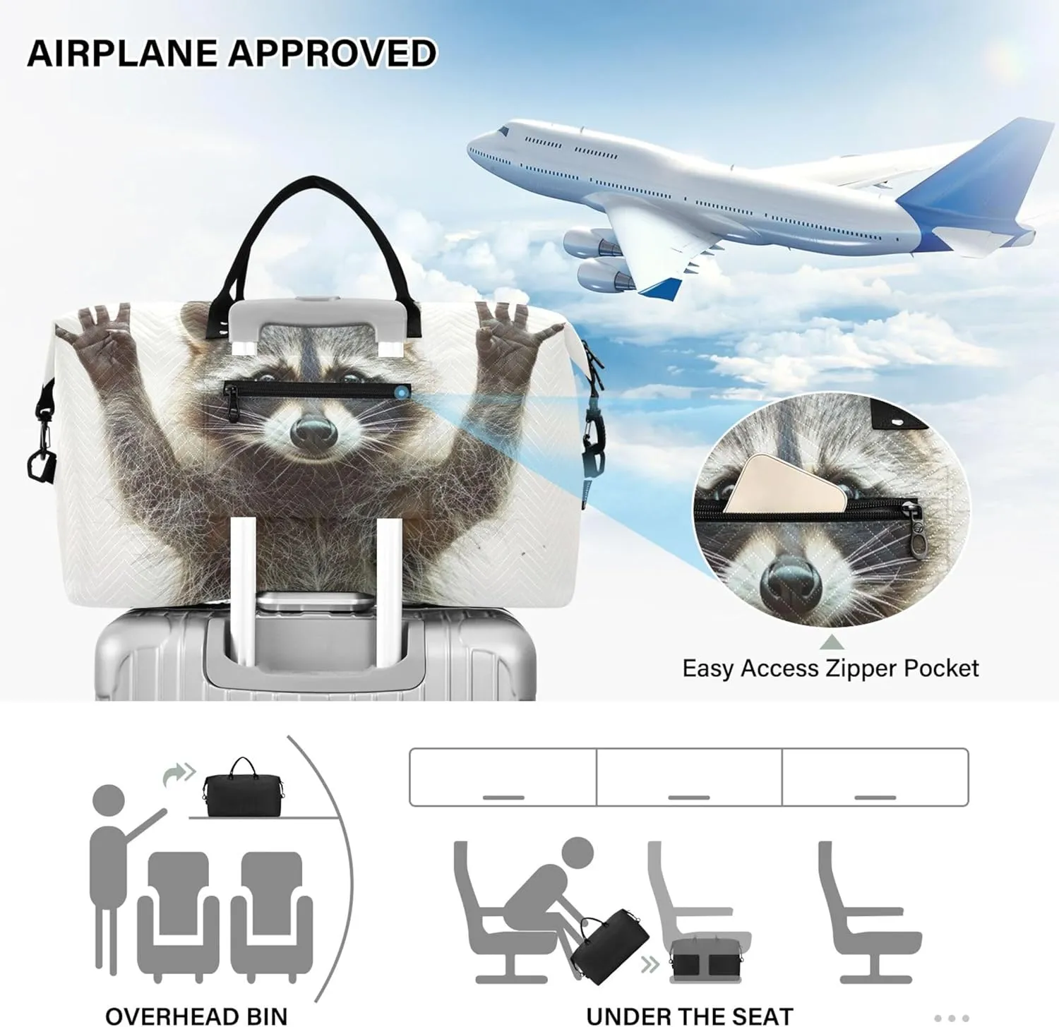 Funny Raccoon Duffel Bag Womens Makeup Pouch Set of 2, Flower Womens Luggage Set Carry on Duffle