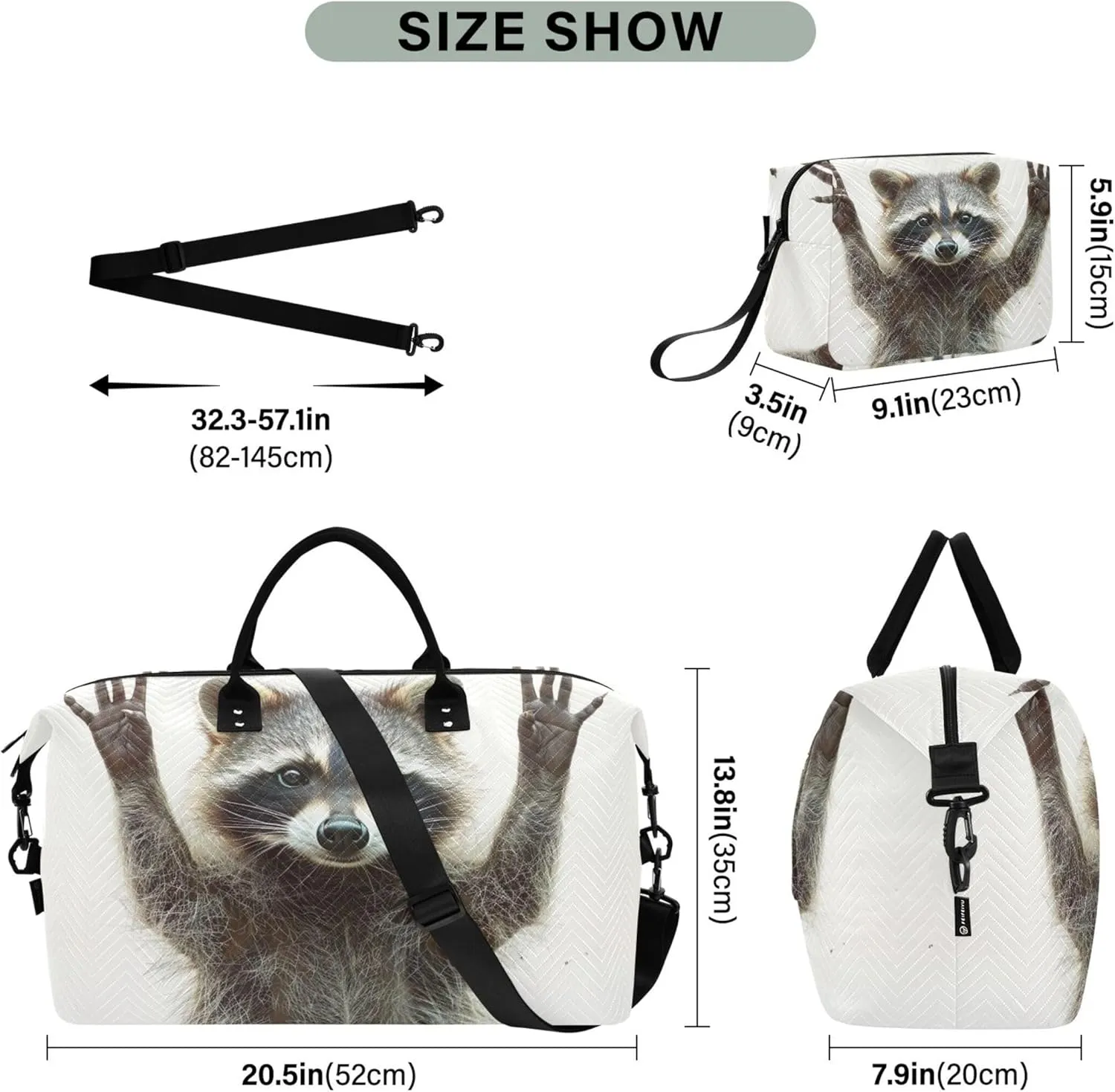 Funny Raccoon Duffel Bag Womens Makeup Pouch Set of 2, Flower Womens Luggage Set Carry on Duffle