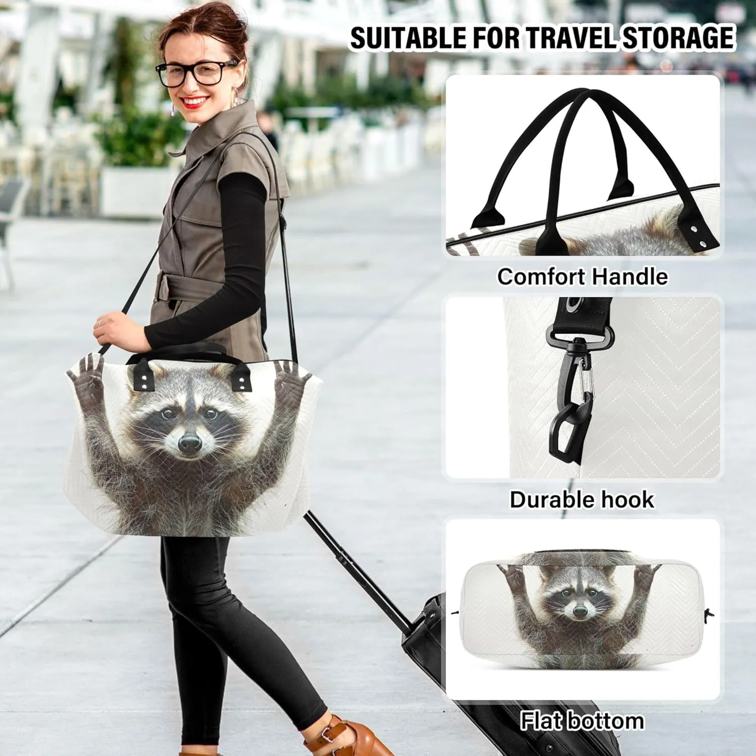 Funny Raccoon Duffel Bag Womens Makeup Pouch Set of 2, Flower Womens Luggage Set Carry on Duffle