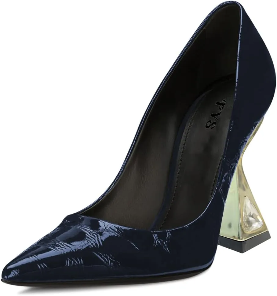 FYS Women Pointed Toe Pumps Glossy Kitten High Heels Rhinestones Alligator Pattern Dress Party Prom Office Shoes Size 4-15 US