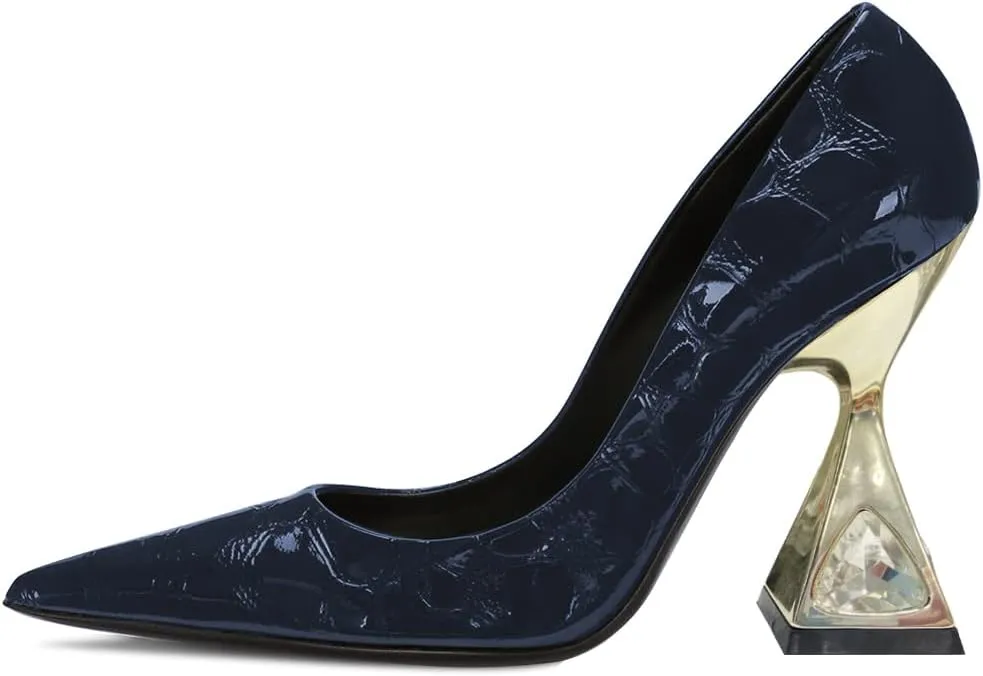 FYS Women Pointed Toe Pumps Glossy Kitten High Heels Rhinestones Alligator Pattern Dress Party Prom Office Shoes Size 4-15 US