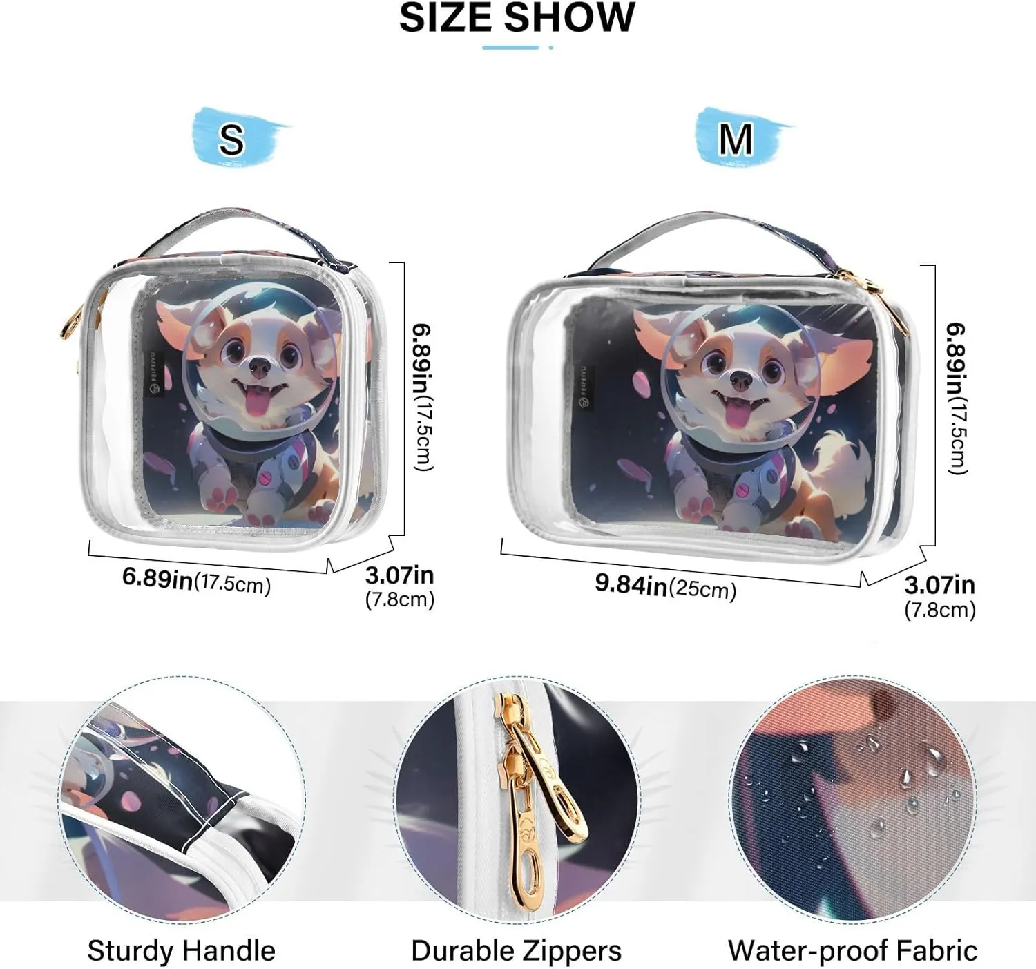 GAIGEO Cute Puppy Astronaut Transparent Travel Transparent Bag, See through Makeup Bag with Zipper, Travel Accessories Bags, 2 Pack