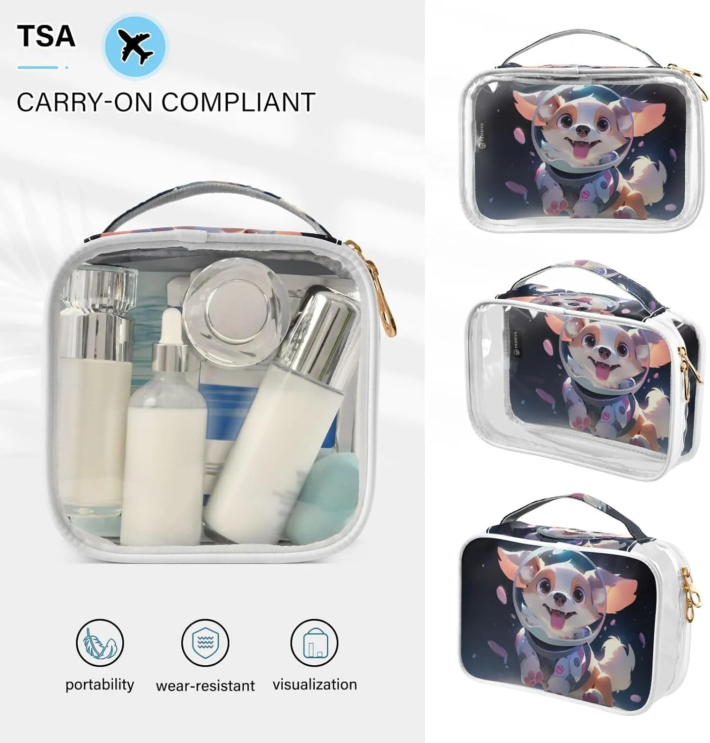 GAIGEO Cute Puppy Astronaut Transparent Travel Transparent Bag, See through Makeup Bag with Zipper, Travel Accessories Bags, 2 Pack