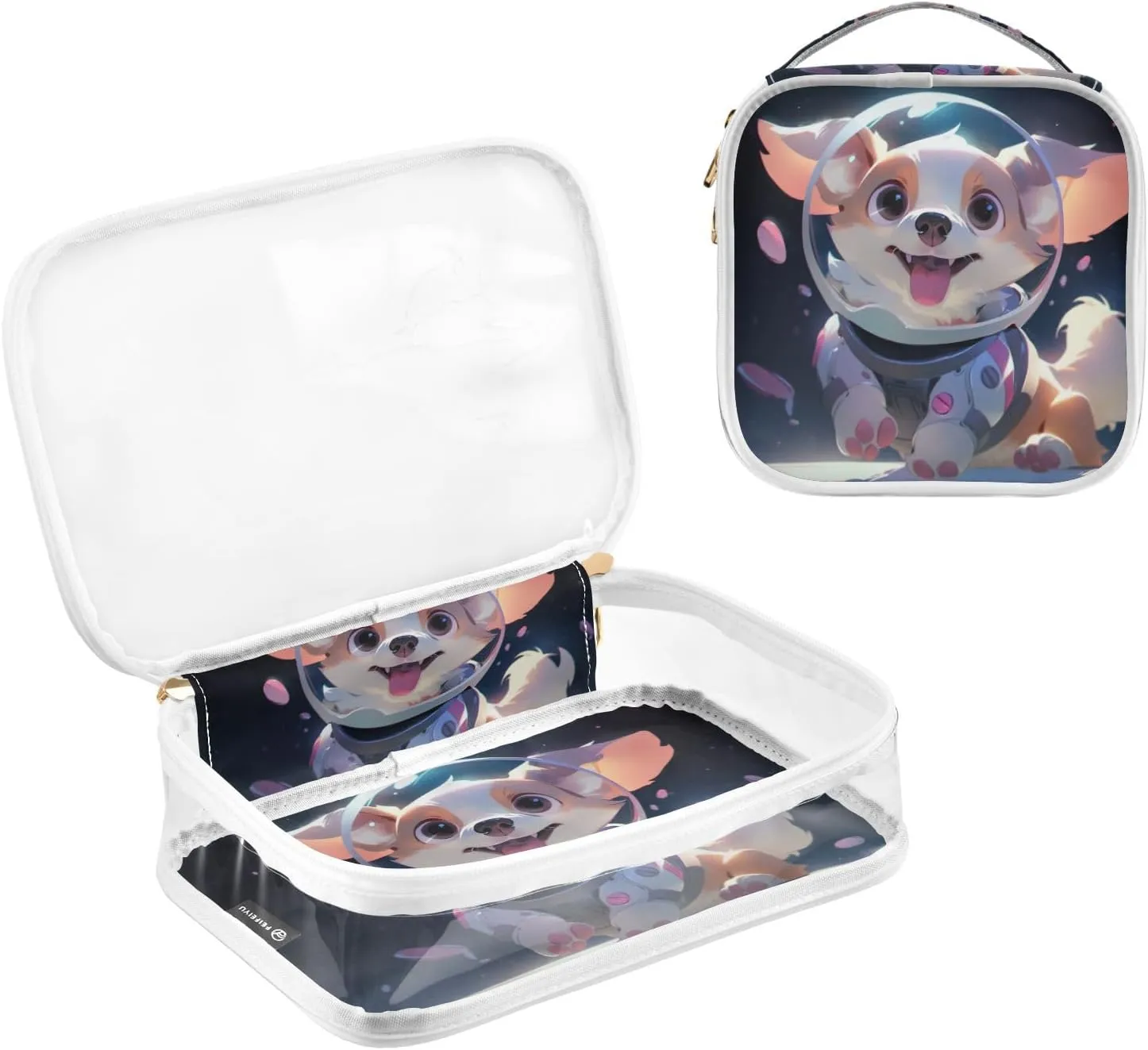GAIGEO Cute Puppy Astronaut Transparent Travel Transparent Bag, See through Makeup Bag with Zipper, Travel Accessories Bags, 2 Pack