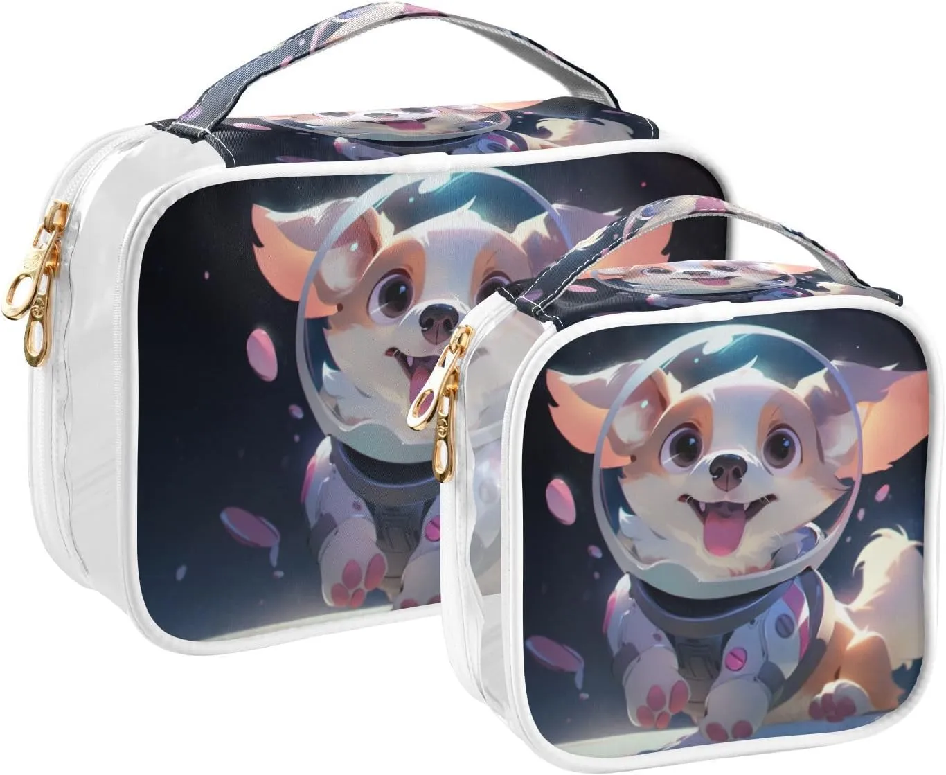 GAIGEO Cute Puppy Astronaut Transparent Travel Transparent Bag, See through Makeup Bag with Zipper, Travel Accessories Bags, 2 Pack
