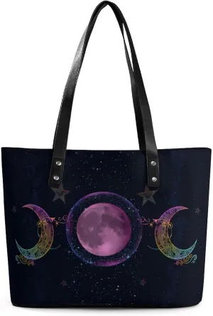 Galaxy The Triple Moon Goddess Wiccan Women Tote Bags Top Handle Satchel Handbags Faux Leather Tassel Shoulder Purse