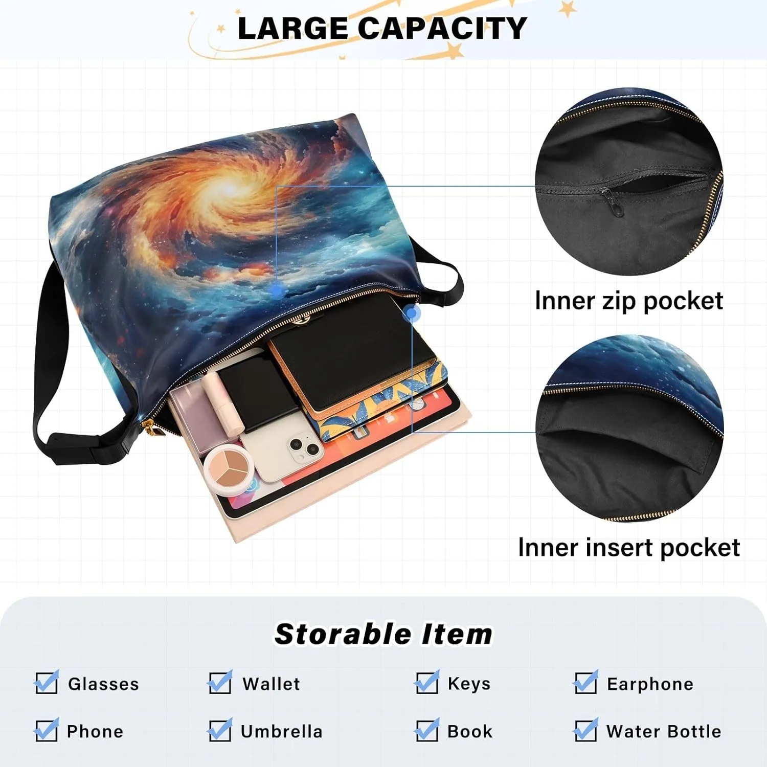 Galaxy with Stars and Black Holes Lightweight Shoulder Hobo Bag, Ladies Leather Crossbody Bags, Leather Shoulder Bag