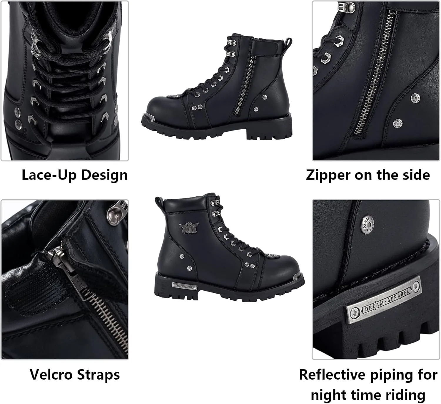 GARGOYLE BELLS Men's Motorcycle Boots PU Leather Combat Boots For Men Biker Boots with Lace-Up And Side Zipper