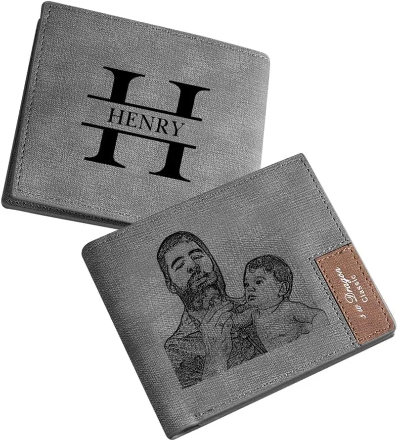 Gemszoo Gifts for Dad Personalized Photo Initial Name Wallet Custom Picture Wallet for Men Husband Grandpa (Grey)