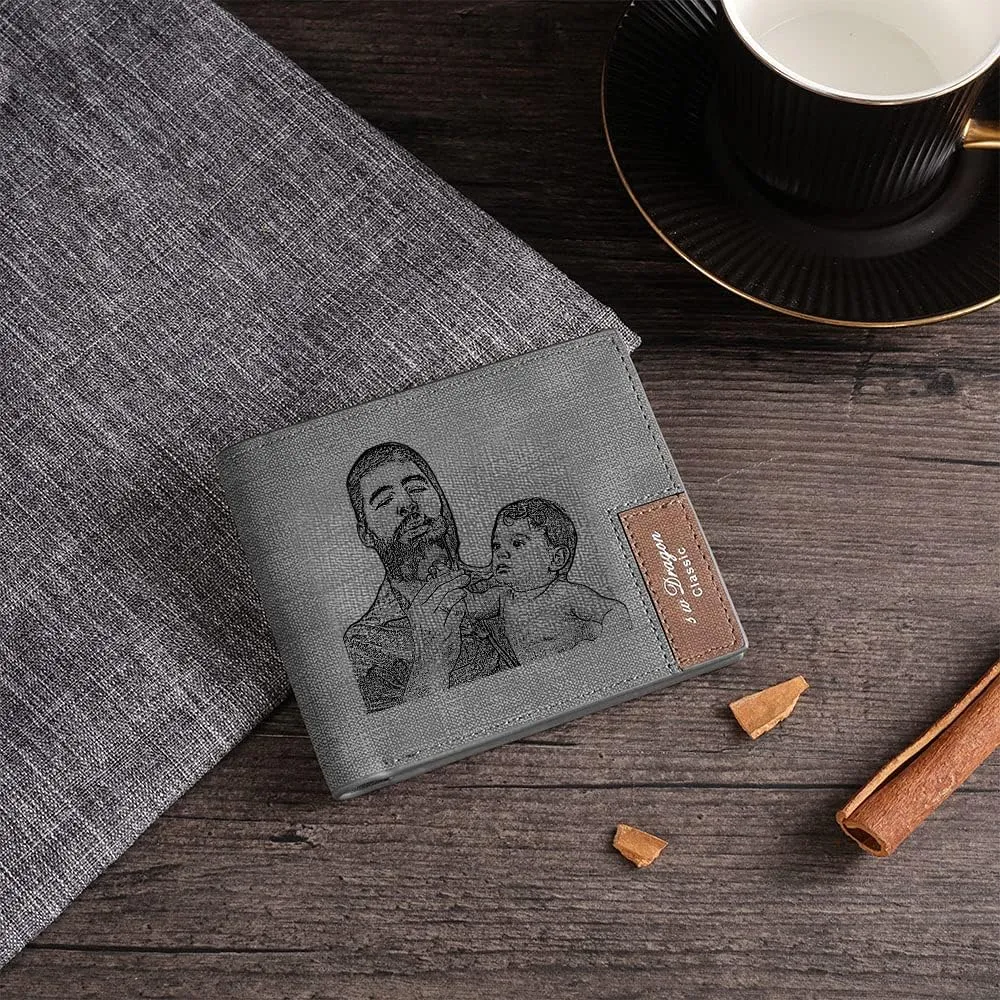 Gemszoo Gifts for Dad Personalized Photo Initial Name Wallet Custom Picture Wallet for Men Husband Grandpa (Grey)