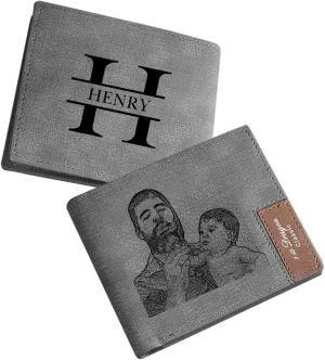 Gemszoo Gifts for Dad Personalized Photo Initial Name Wallet Custom Picture Wallet for Men Husband Grandpa (Grey)