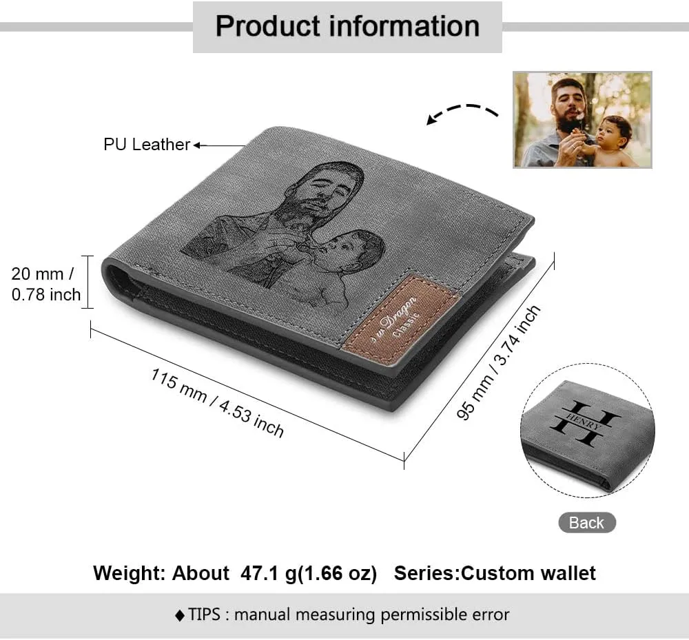 Gemszoo Gifts for Dad Personalized Photo Initial Name Wallet Custom Picture Wallet for Men Husband Grandpa (Grey)