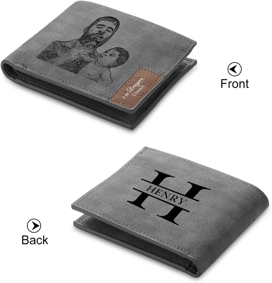 Gemszoo Gifts for Dad Personalized Photo Initial Name Wallet Custom Picture Wallet for Men Husband Grandpa (Grey)