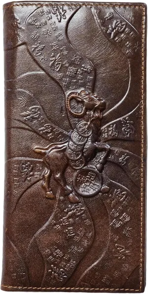 Genuine Leather Bifold Long Wallet for Men, Retro Vintage Embossed Clutch with Zipped Coin purse & Credit card Slots. RFID Blocking. Goat- Brown