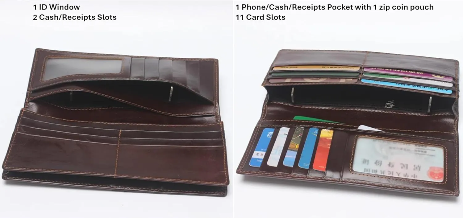 Genuine Leather Bifold Long Wallet for Men, Retro Vintage Embossed Clutch with Zipped Coin purse & Credit card Slots. RFID Blocking. Goat- Brown