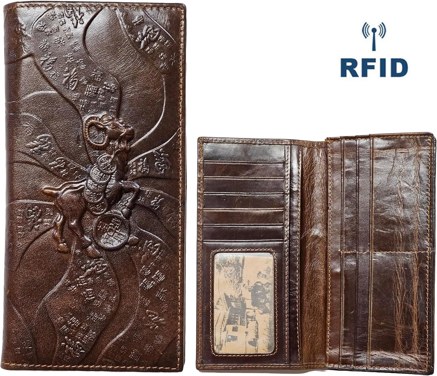 Genuine Leather Bifold Long Wallet for Men, Retro Vintage Embossed Clutch with Zipped Coin purse & Credit card Slots. RFID Blocking. Goat- Brown
