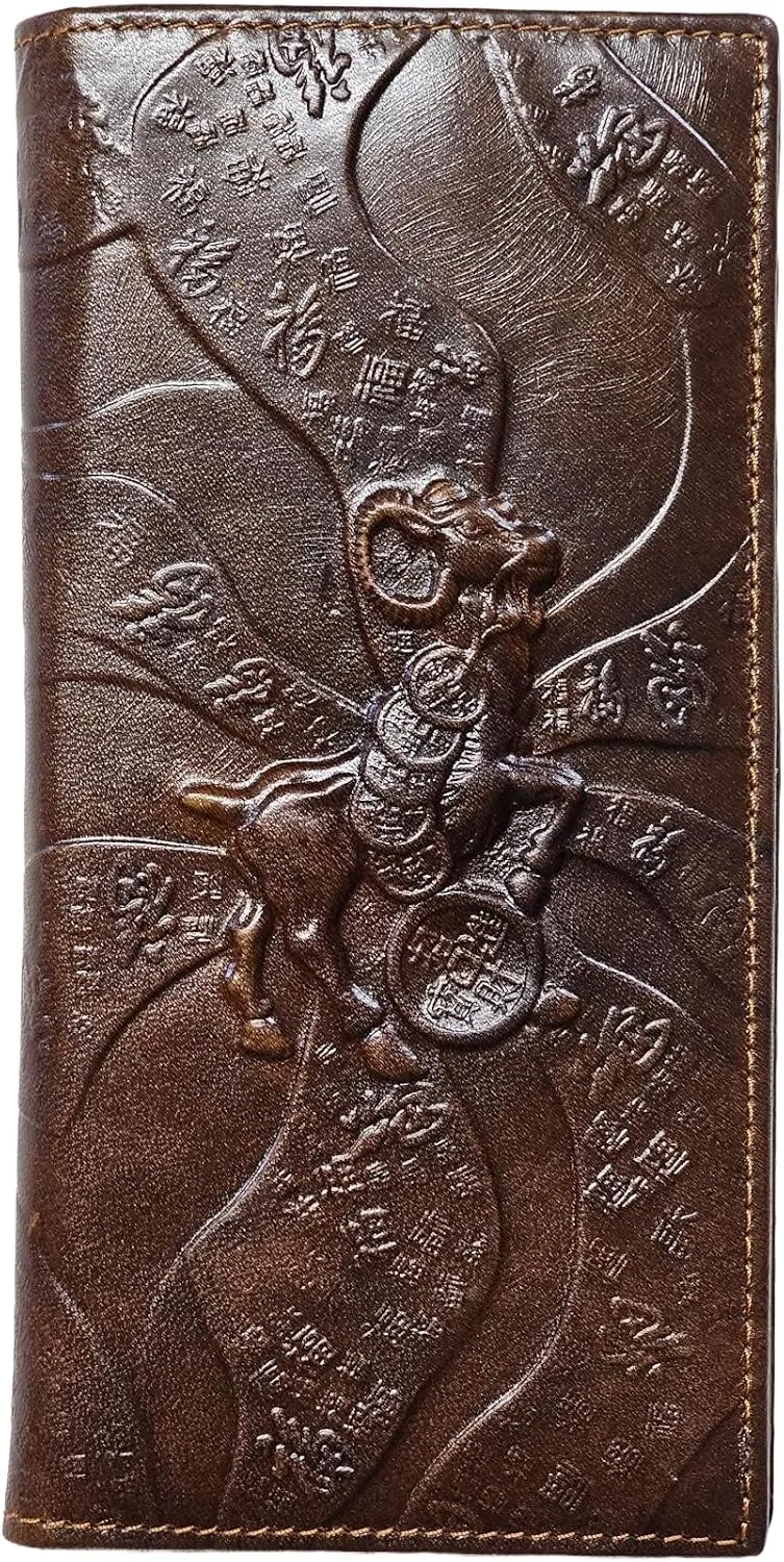 Genuine Leather Bifold Long Wallet for Men, Retro Vintage Embossed Clutch with Zipped Coin purse & Credit card Slots. RFID Blocking. Goat- Brown