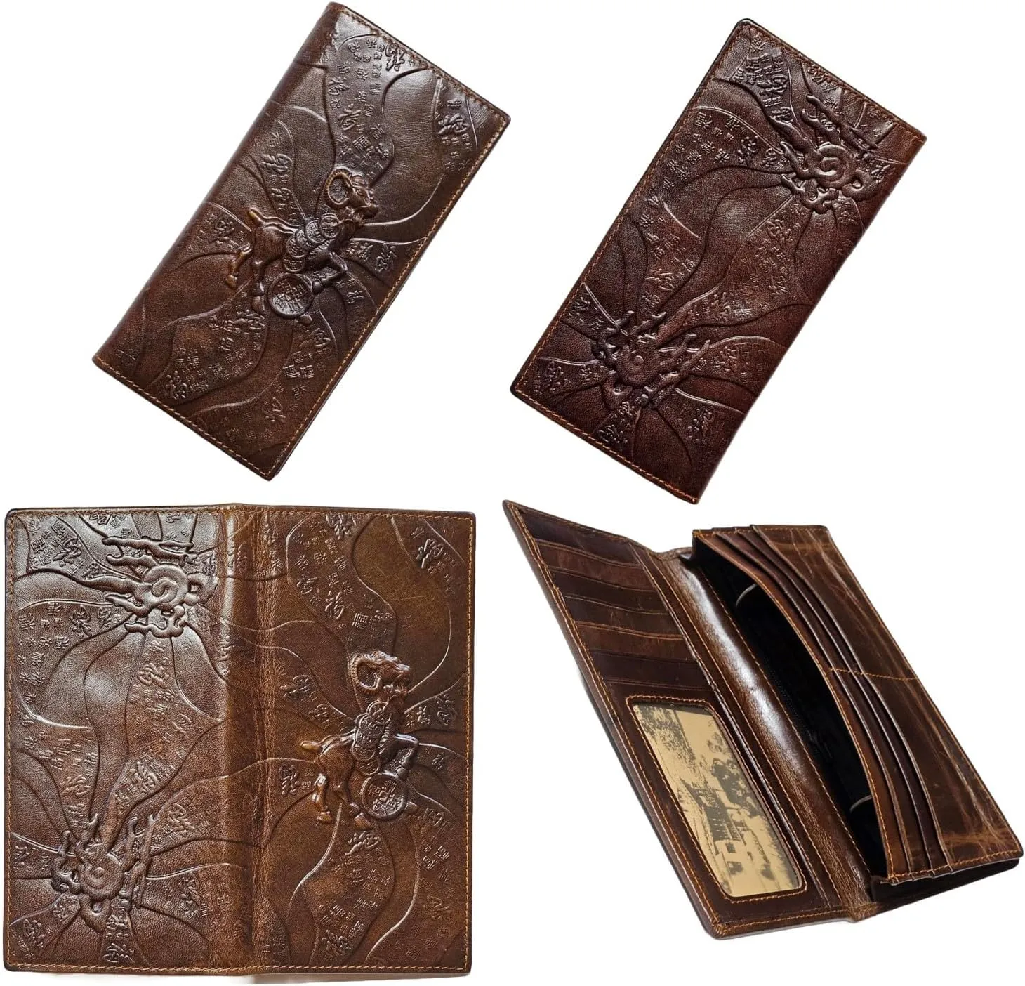 Genuine Leather Bifold Long Wallet for Men, Retro Vintage Embossed Clutch with Zipped Coin purse & Credit card Slots. RFID Blocking. Goat- Brown