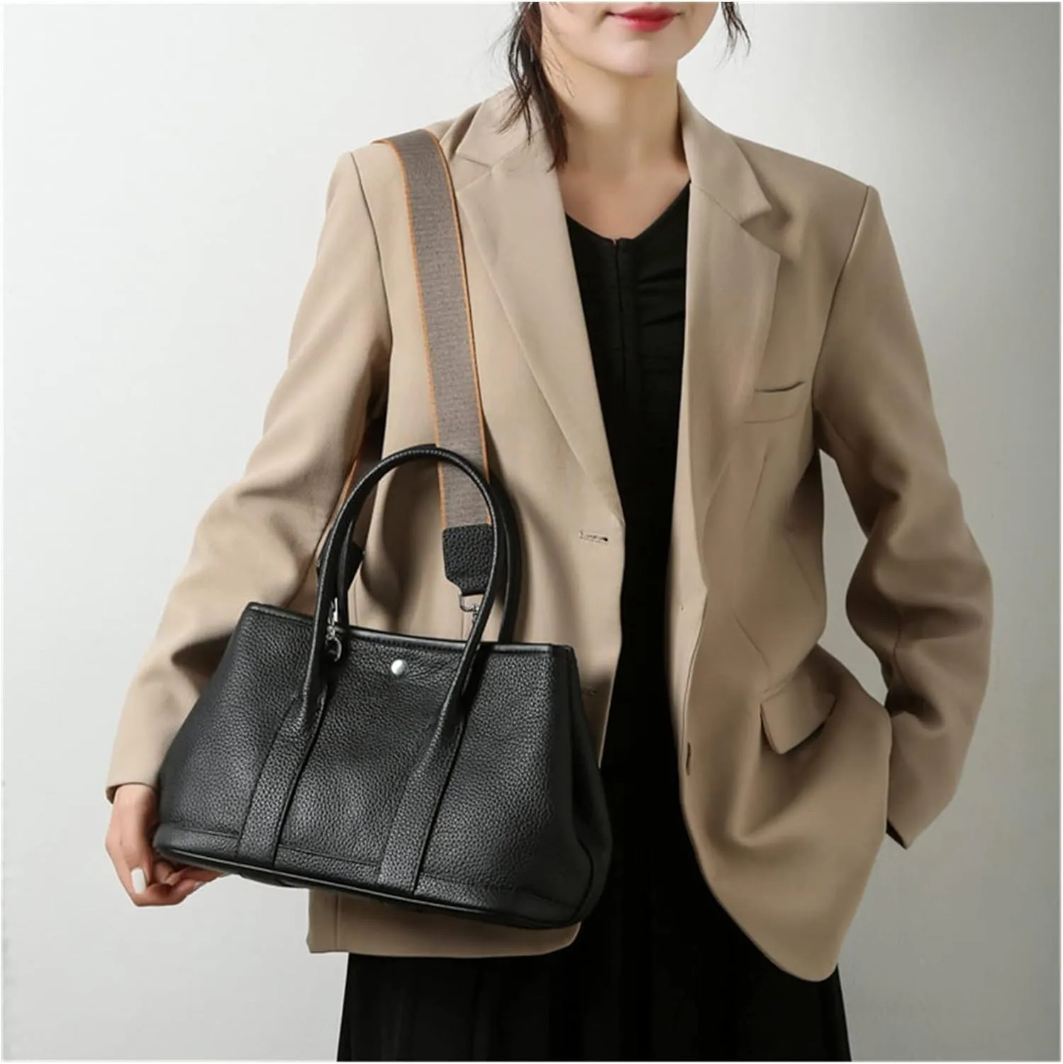 Genuine Leather Black Womens Casual Tote Bags Leather Large Capacity Shoulder Bag Purse HandBag(Orange)