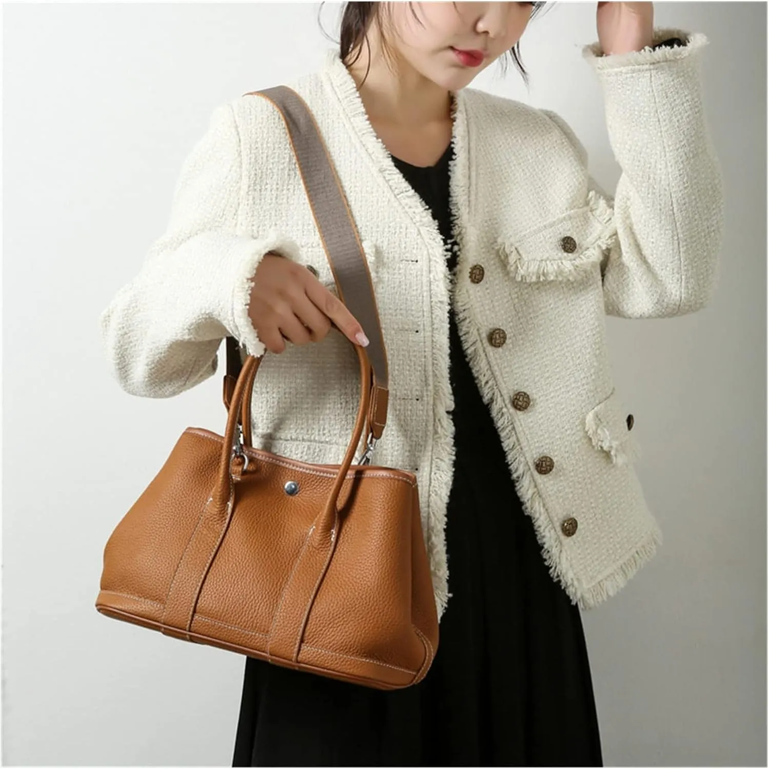Genuine Leather Black Womens Casual Tote Bags Leather Large Capacity Shoulder Bag Purse HandBag(Orange)