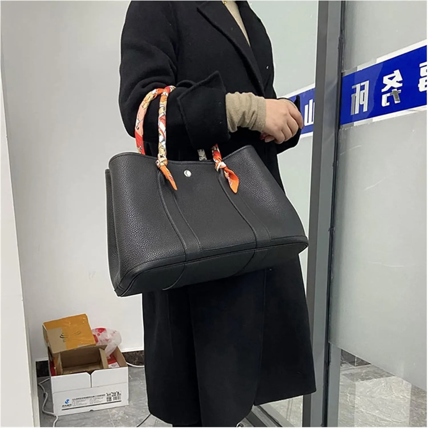 Genuine Leather Black Womens Casual Tote Bags Leather Large Capacity Shoulder Bag Purse HandBag(Orange)
