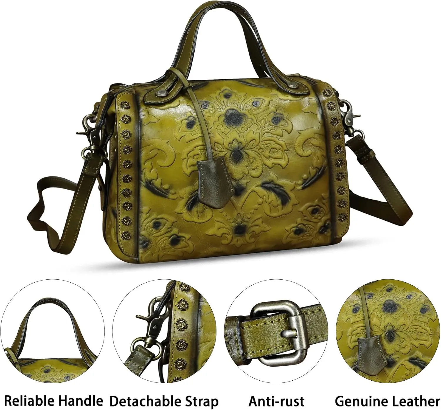 Genuine Leather Purses and Handbags for Women Vintage Embossed Leather Satchel Bags Shoulder Bag Crossbody with Strap