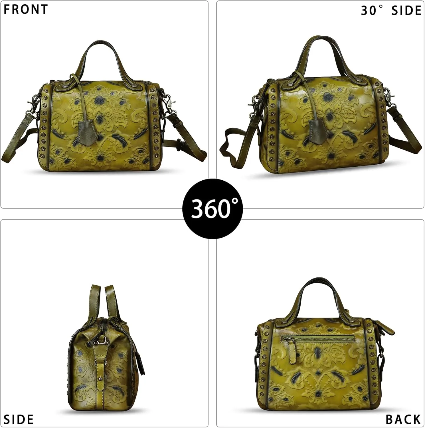Genuine Leather Purses and Handbags for Women Vintage Embossed Leather Satchel Bags Shoulder Bag Crossbody with Strap