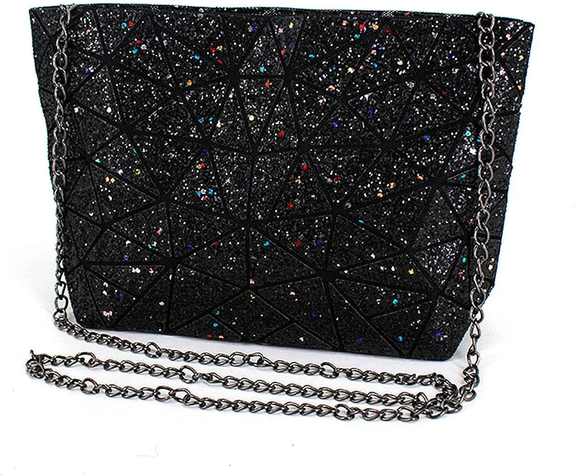 Geometric Bag Women Cross-Body Bag PU Shoulder Bag Chain Bag Laser Clutch Purse Bags (Black)