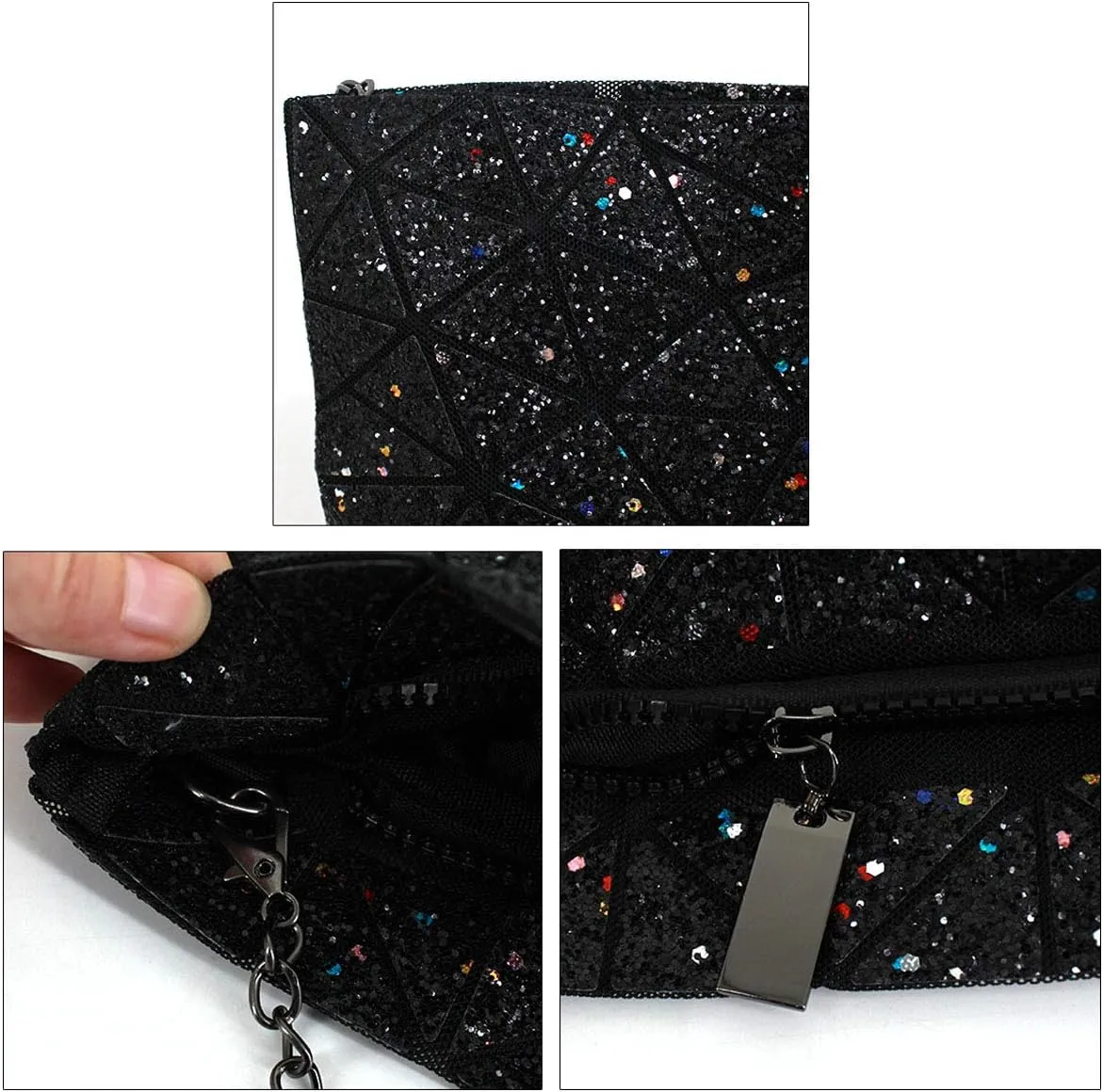 Geometric Bag Women Cross-Body Bag PU Shoulder Bag Chain Bag Laser Clutch Purse Bags (Black)