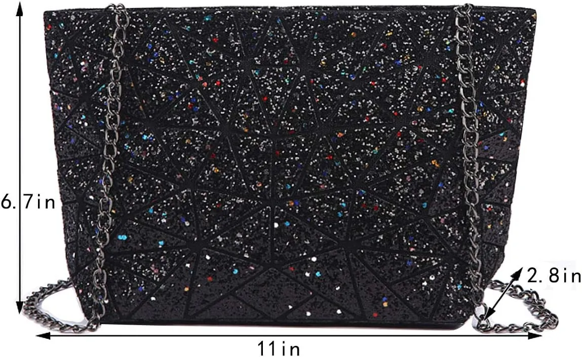 Geometric Bag Women Cross-Body Bag PU Shoulder Bag Chain Bag Laser Clutch Purse Bags (Black)