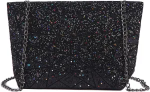 Geometric Bag Women Cross-Body Bag PU Shoulder Bag Chain Bag Laser Clutch Purse Bags (Black)