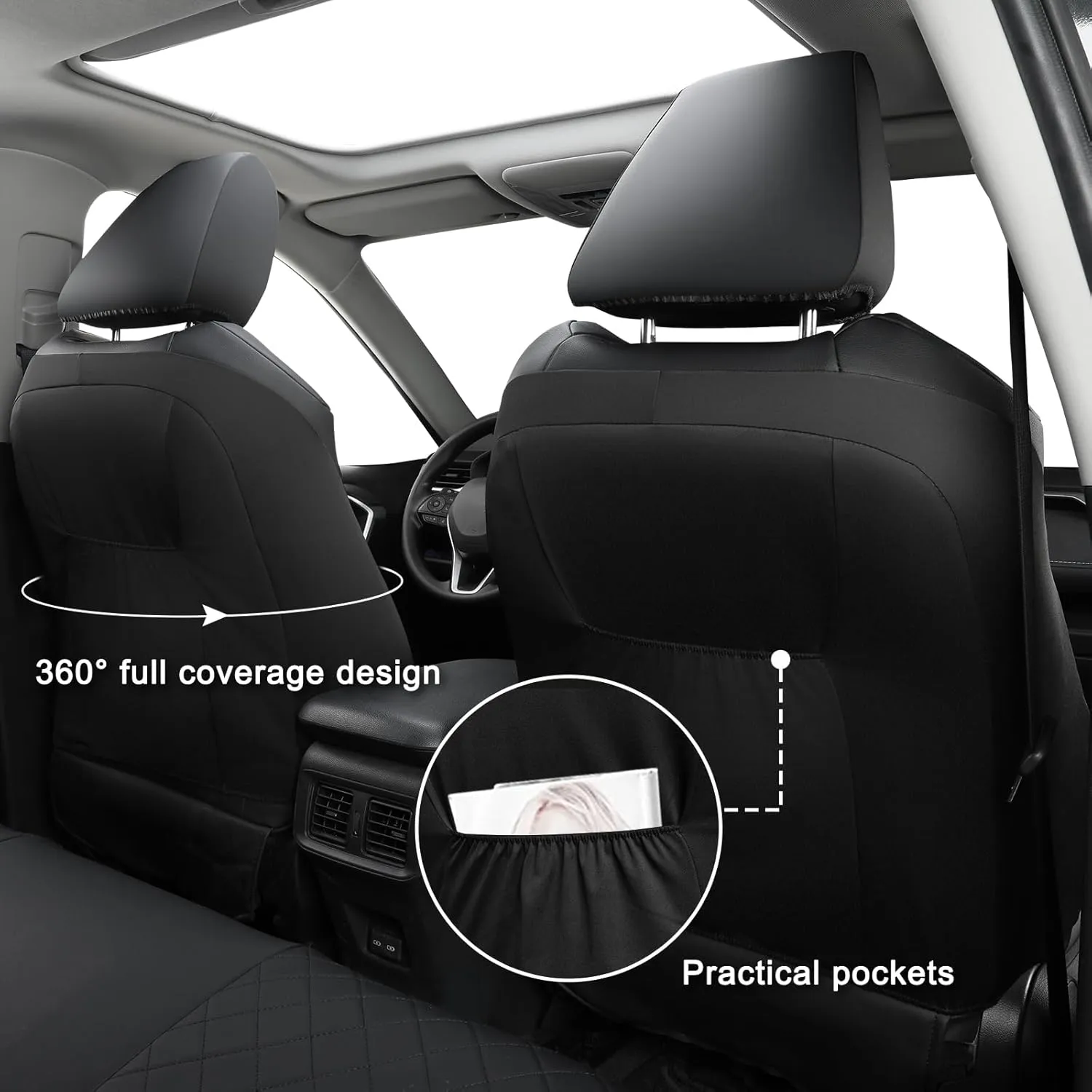 GIANT PANDA 2-Pack Front Car Seat Covers Custom Fit for Toyota Rav4 2019 2020 2021 2022 2023 2024 2025 XLE,LE,XLE Premium, Limited(Non-Hybrid & Adventure,TRD-Off) Faux Leather,Polyester Fiber(Black)