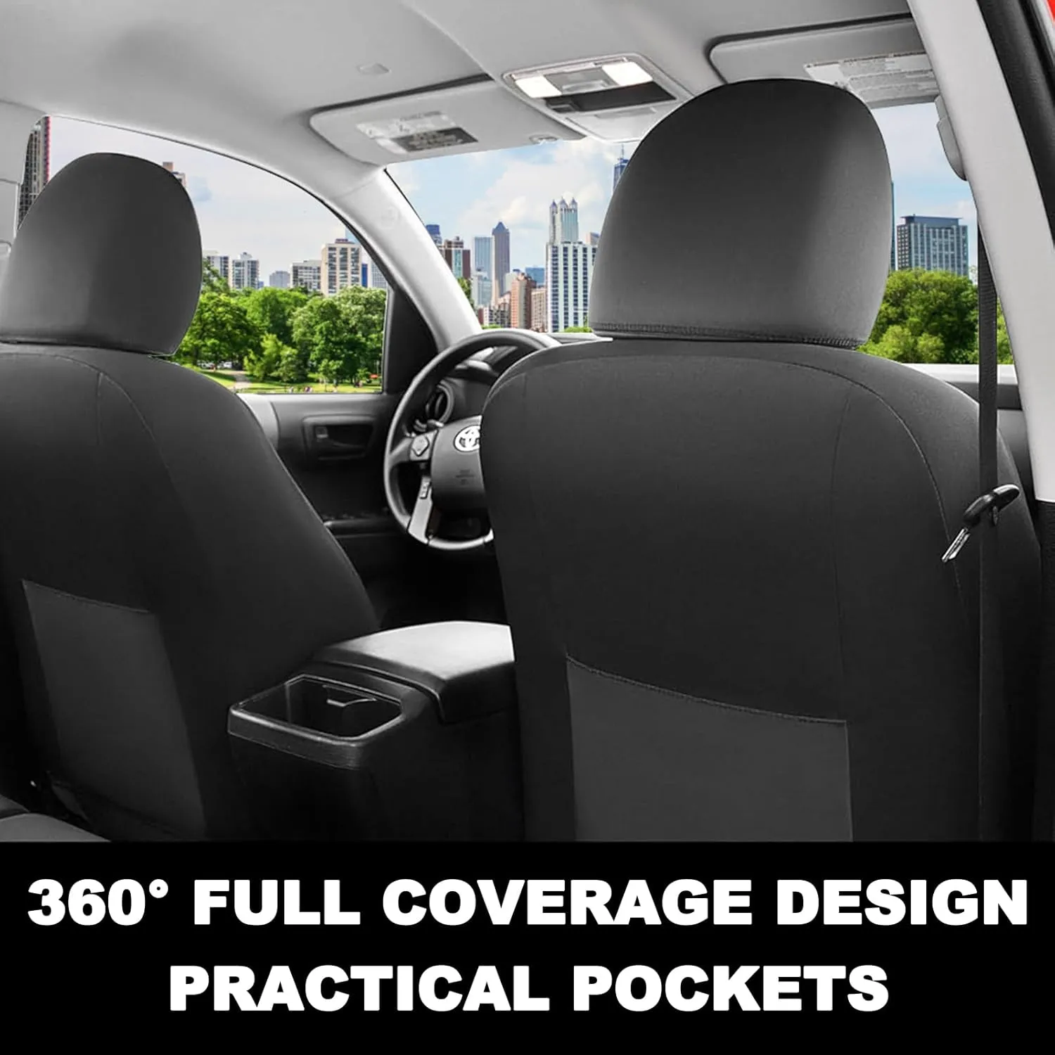 GIANT PANDA Customized 2 Pack Front Car Seat Covers for Toyota Tacoma 2016 2017 2018 2019 2020 2021 2022 2023 Double & Crew Cab SR, SR5, Limited, TRD Pro, TRD Sport, TRD Off-Road, Faux Leather (Black)