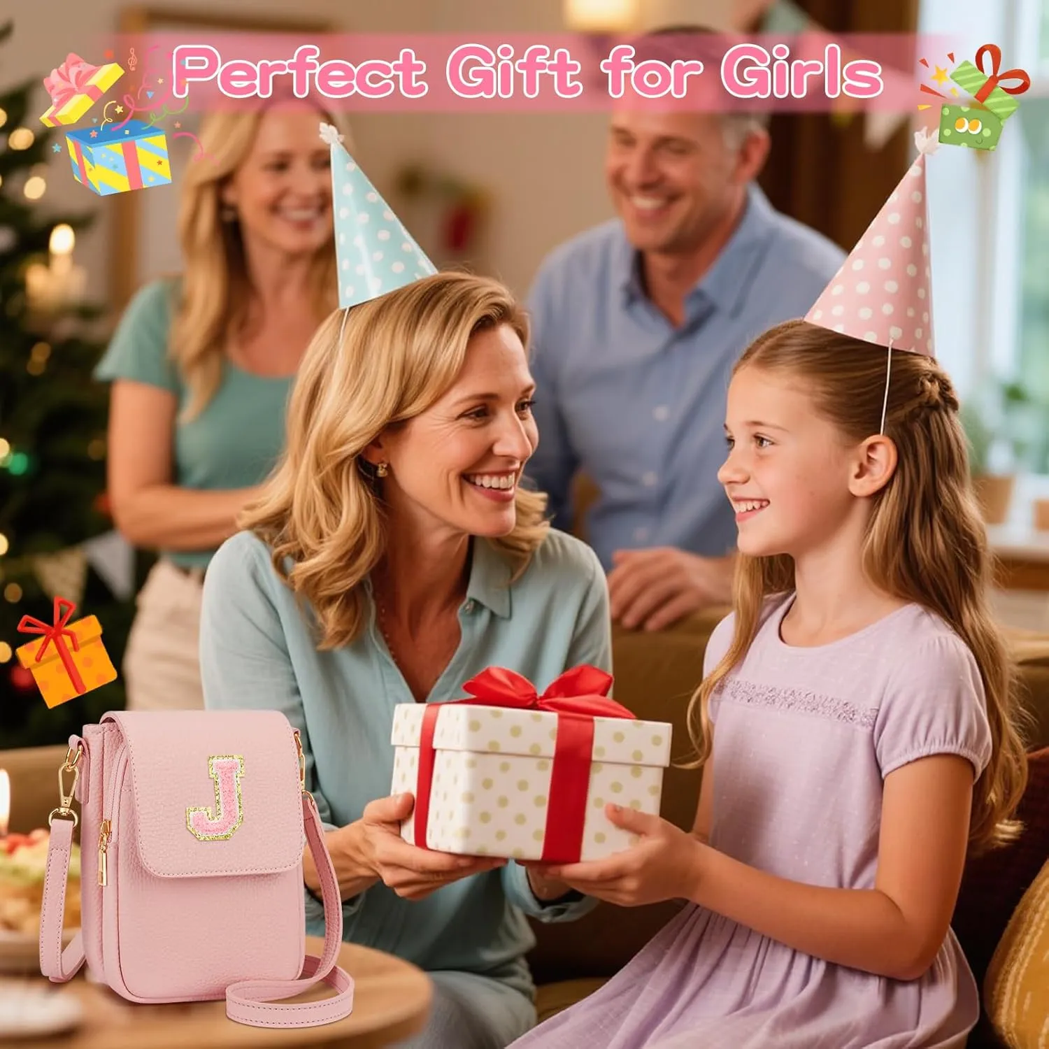 Gift for Girls Small Initial Crossbody Bag for Teens Vegan Leather Cell Phone Kids Purse (Pink-J)