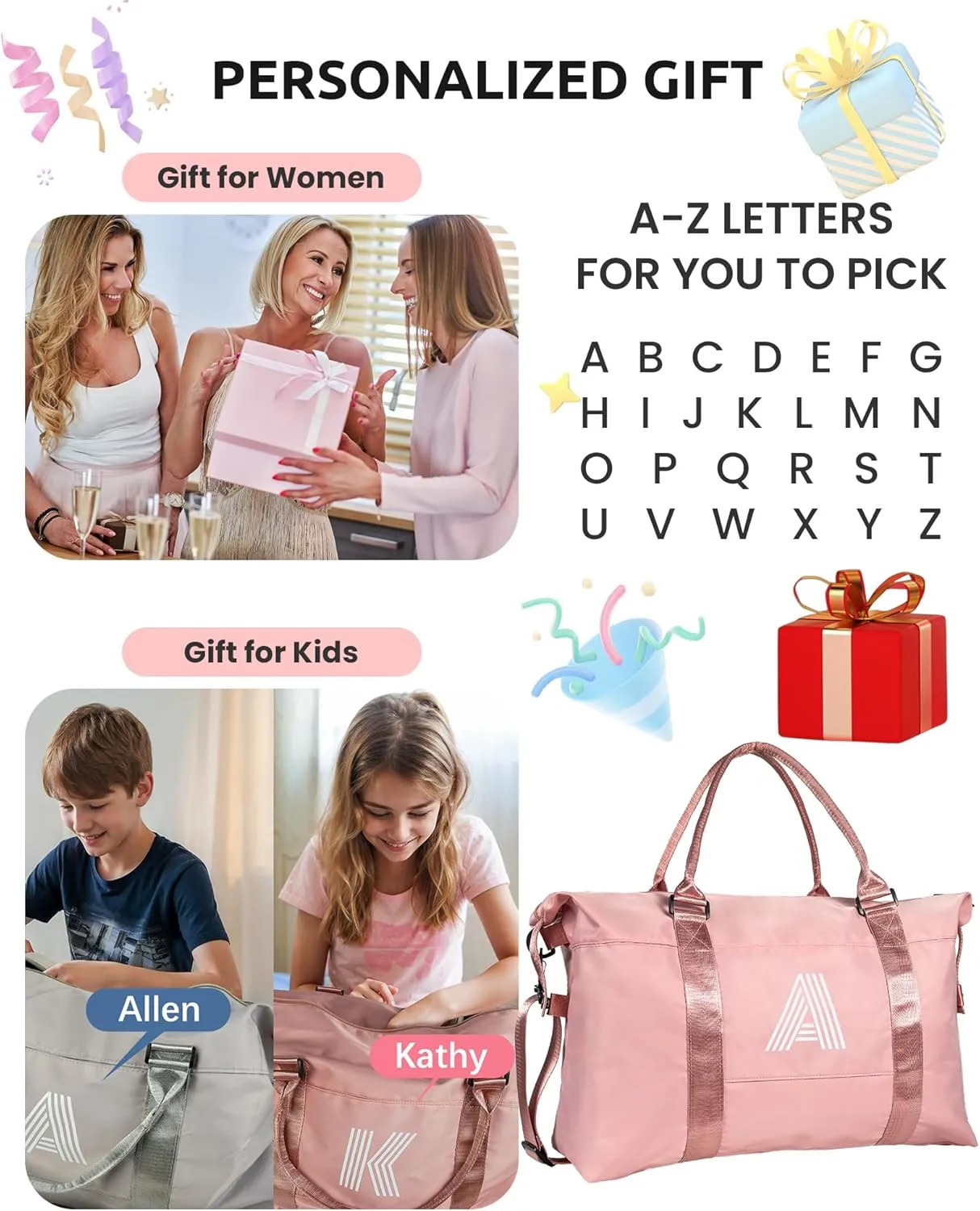 Gifts for Daughter, Initial Girls Travel Duffel Bag, Bride Gifts, Gift for Teen Girls 8 9 10 11 12 13 14 15 16 Year Old, Monogram Overnight Bag, Birthday Gift for Sister (Letter A)