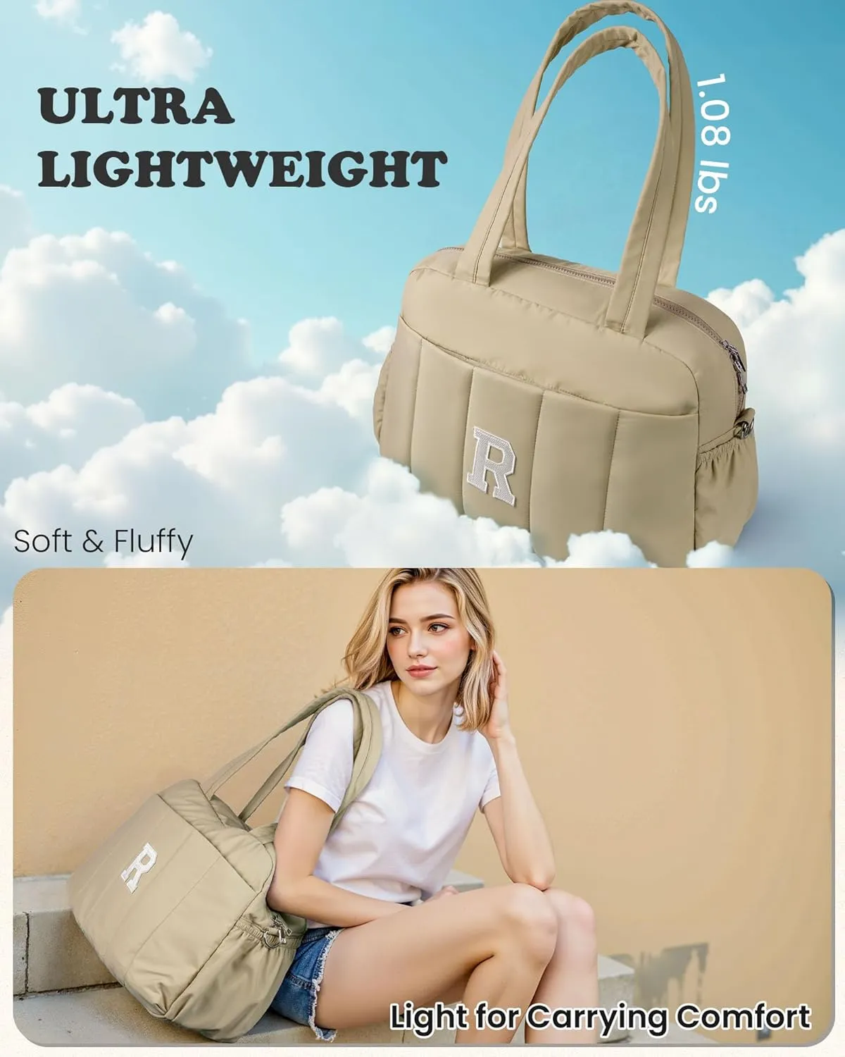 Gifts for Girls-Initial Lightweight Duffel Bag, Personalized Weekender Overnight Bags, Letter Travel bag with Makeup bags，Personalized Gift Idea for Women Her (Letter K)