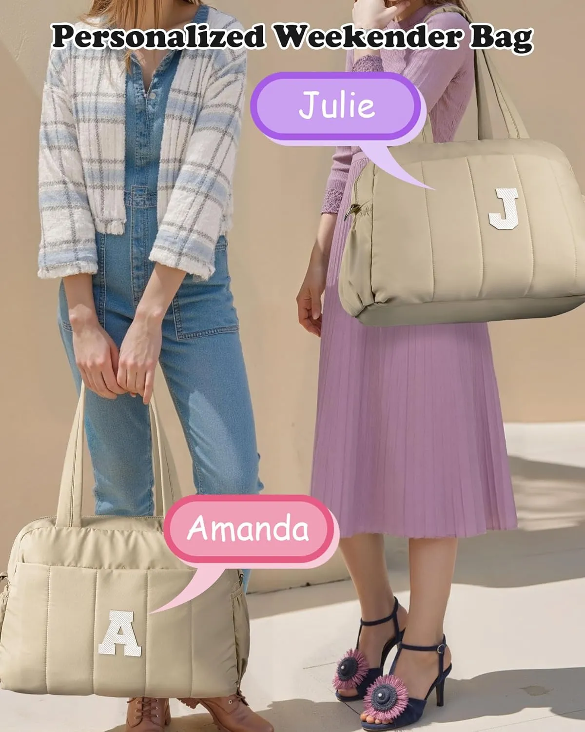 Gifts for Girls-Initial Lightweight Duffel Bag, Personalized Weekender Overnight Bags, Letter Travel bag with Makeup bags，Personalized Gift Idea for Women Her (Letter K)
