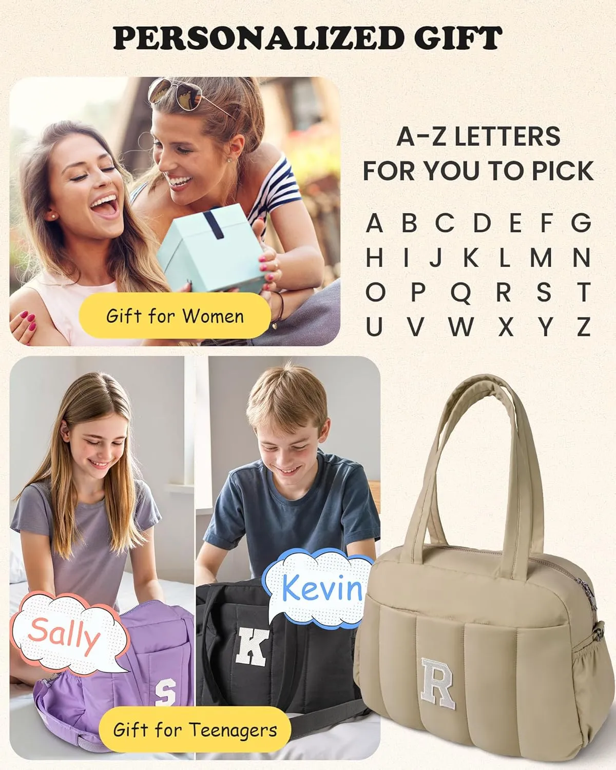 Gifts for Girls-Initial Lightweight Duffel Bag, Personalized Weekender Overnight Bags, Letter Travel bag with Makeup bags，Personalized Gift Idea for Women Her (Letter K)