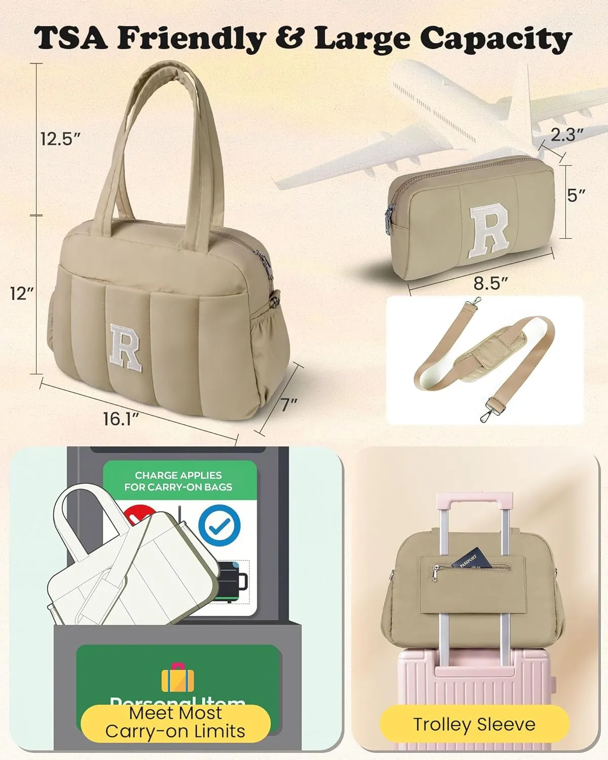 Gifts for Girls-Initial Lightweight Duffel Bag, Personalized Weekender Overnight Bags, Letter Travel bag with Makeup bags，Personalized Gift Idea for Women Her (Letter K)