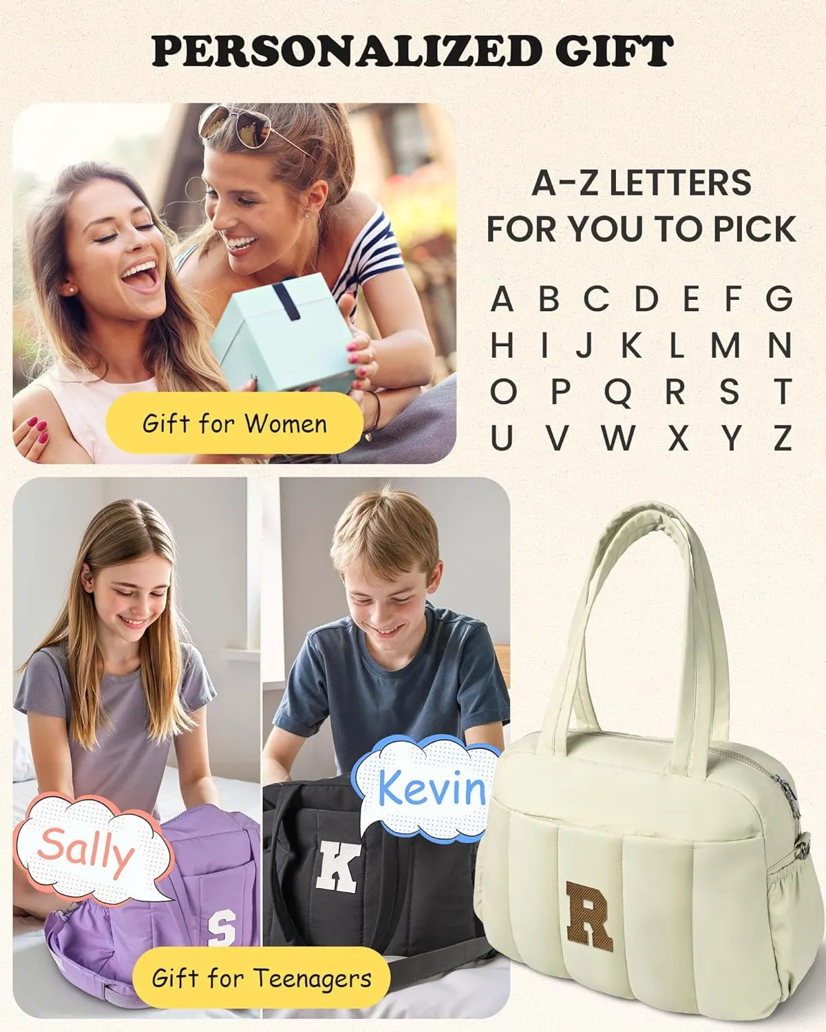 Gifts for Girls-Initial Lightweight Duffel Bag, Personalized Weekender Overnight Bags, Letter Travel bag with Makeup bags，Personalized Gift Idea for Women Her (Letter P)
