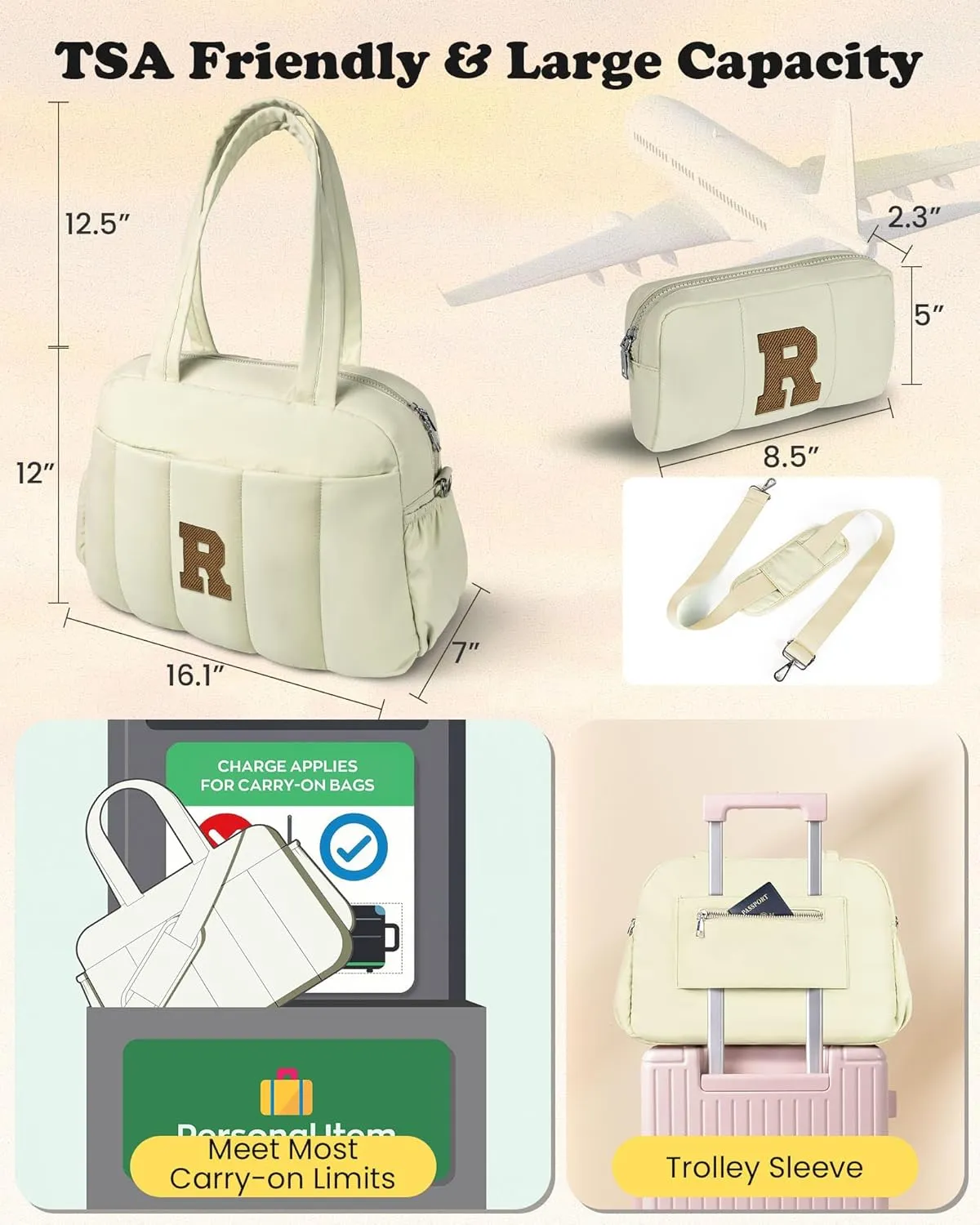 Gifts for Girls-Initial Lightweight Duffel Bag, Personalized Weekender Overnight Bags, Letter Travel bag with Makeup bags，Personalized Gift Idea for Women Her (Letter P)