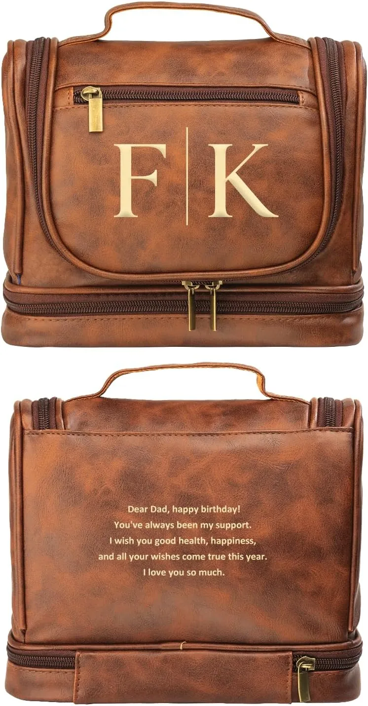 Gifts for Men, Travel Toiletry Bag Personalized, Leather Handcrafted Hanging Dopp Kit Shaving Bathroom Bag with Hook, Engraved with Name & Initial, Toiletries Organizer Leather Cosmetic Bags