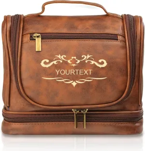Gifts for Men, Travel Toiletry Bag Personalized, Leather Handcrafted Hanging Dopp Kit Shaving Bathroom Bag with Hook, Engraved with Name & Initial, Toiletries Organizer Leather Cosmetic Bags