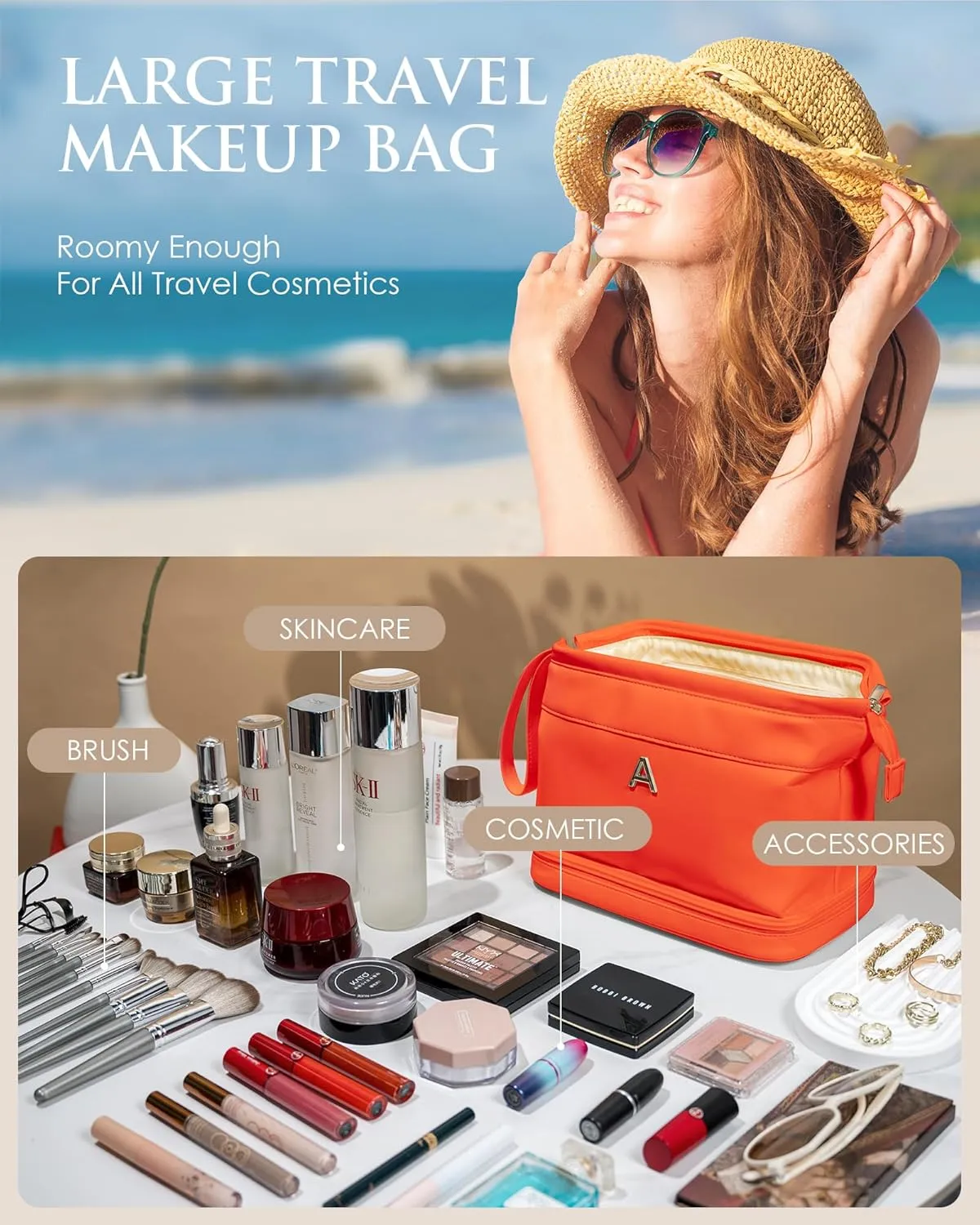 Gifts for Women, Initial Large Makeup Bag, Travel Essentials, Personalized Double Layer Cosmetic Bag with Makeup Brush Organizer, PU Leather Travel Toiletry Bag, Gifts for Friends Female Mom