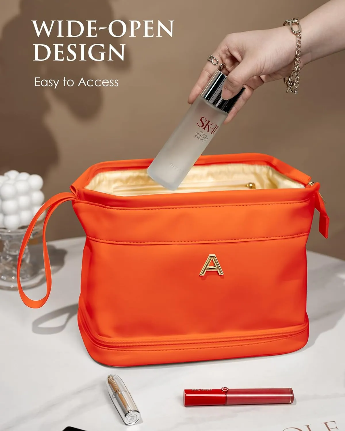 Gifts for Women, Initial Large Makeup Bag, Travel Essentials, Personalized Double Layer Cosmetic Bag with Makeup Brush Organizer, PU Leather Travel Toiletry Bag, Gifts for Friends Female Mom