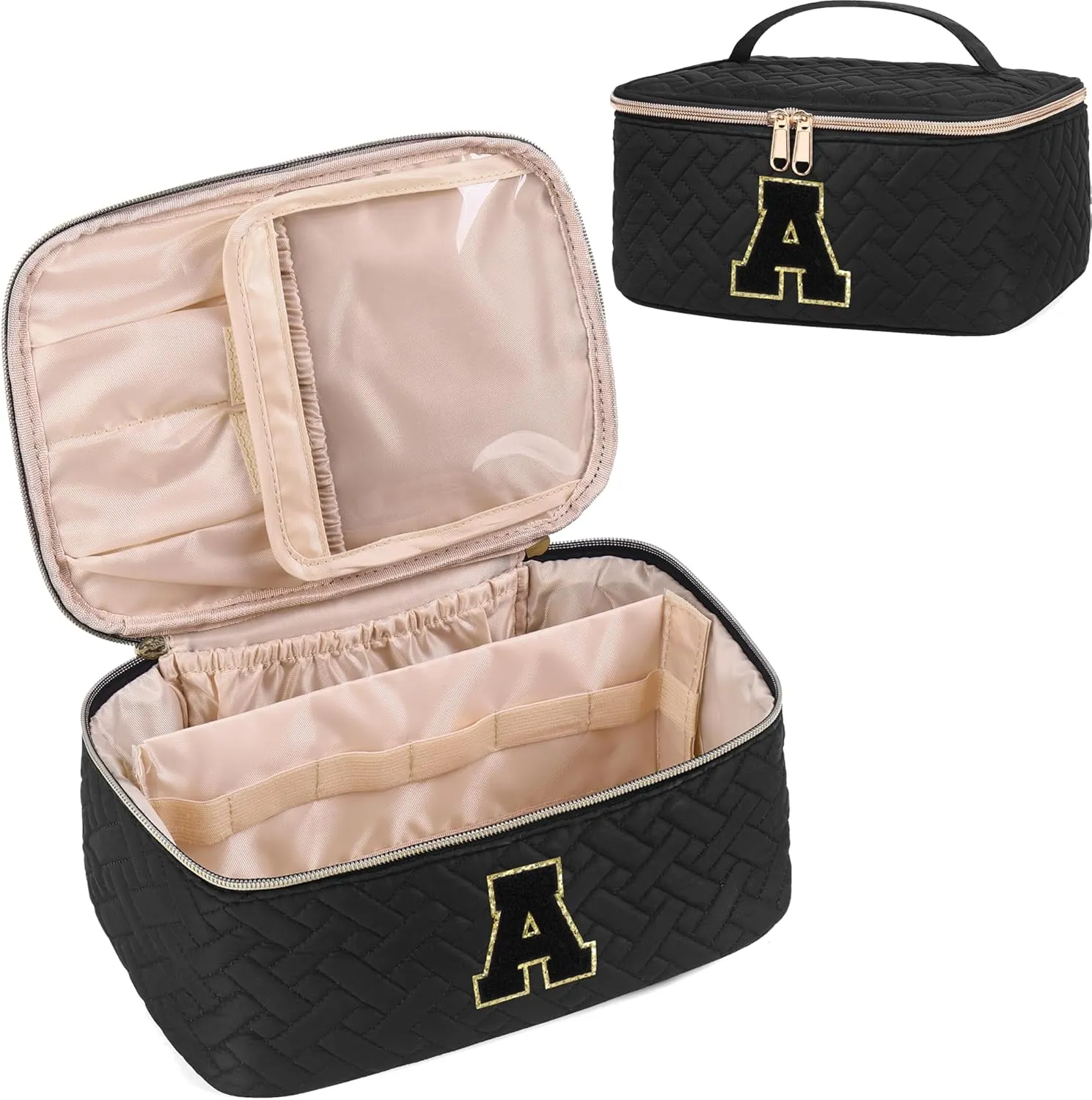 Gifts Initial Makeup Organizer Bag for Girls, Chenille Letter Personalized Cosmetic Bag with Zipper | Preppy Quilted Portable Makeup Pouch Teen Birthday Gifts Trendy for Women Friend (Pink-A)