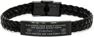 GIFTVILLE & SURPRISE Editor Braided Leather Bracelet, If at first you don't succeed, try doing what your athletic trainer told you to do the first time., Laser Engraved, Stainless Steel Wristband