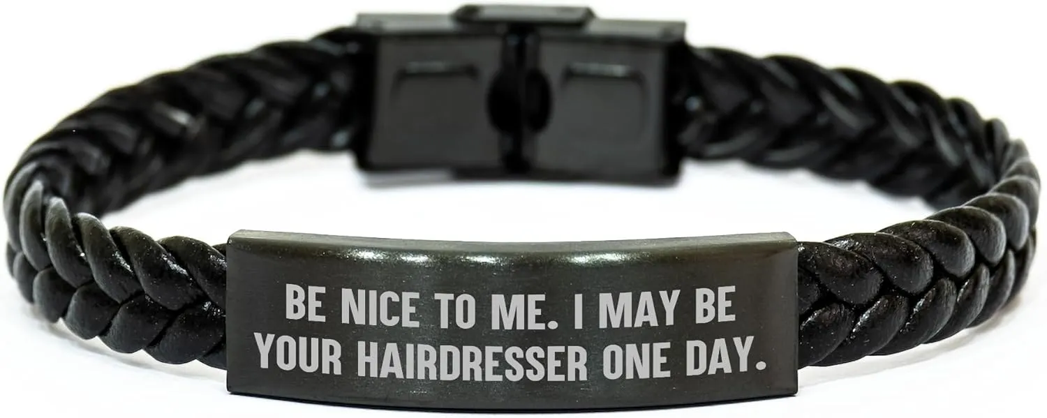 GIFTVILLE & SURPRISE Funny Hairdresser Gifts from Friends for the Future Hairdresser - Interlaced Leather Bracelet with Engraved Stainless Steel - Perfect Graduation Unique Gifts