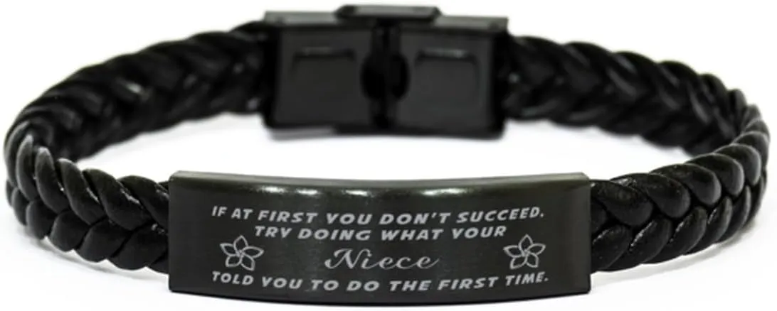 GIFTVILLE & SURPRISE Niece Braided Leather Bracelet, If at first you don't succeed, try doing what your athletic trainer told you to do the first time., Laser Engraved, Stainless Steel Wristband